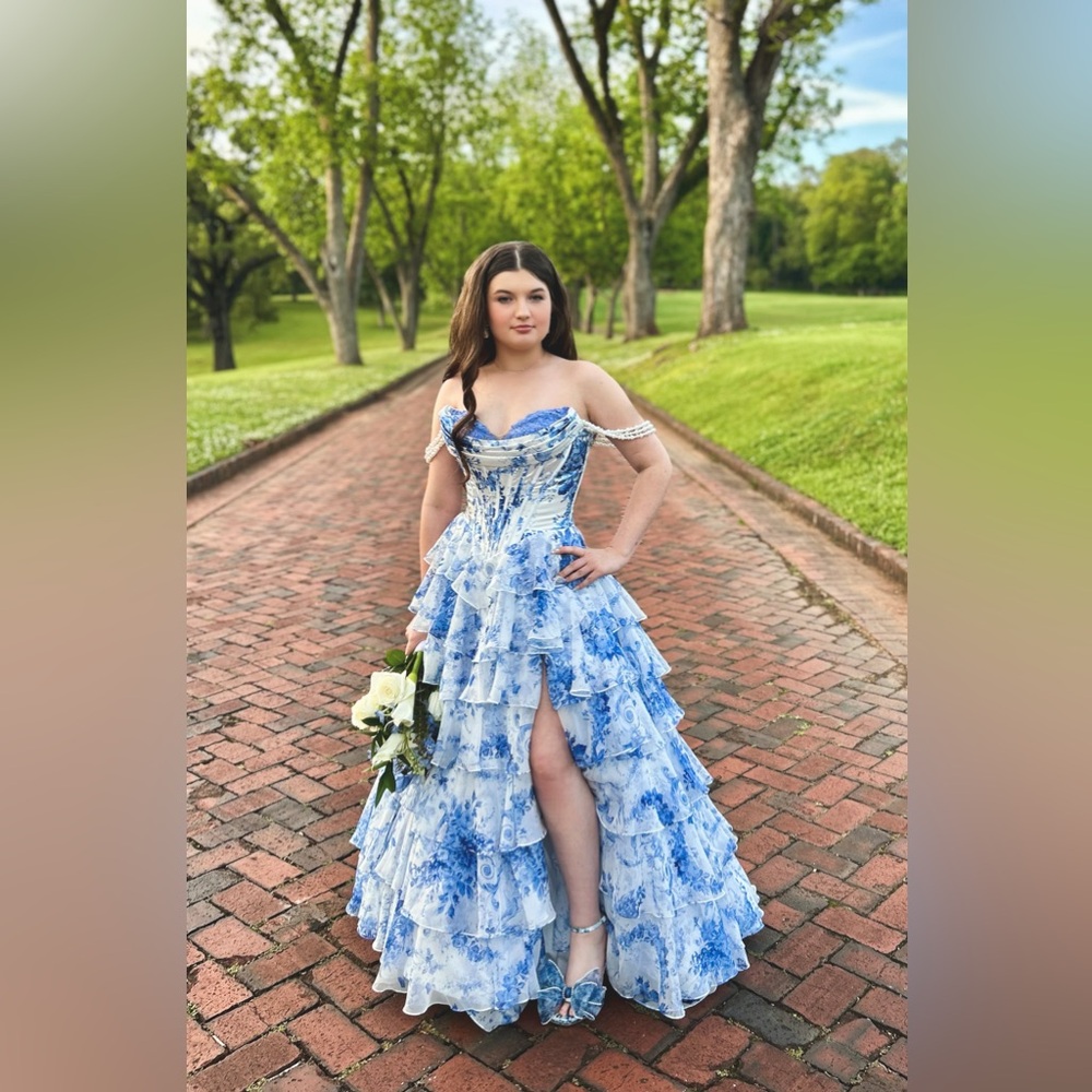 Sherri Hill 57250 Prom Dress Blue Ruffle Floral